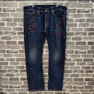 True Religion Ricky straight leg jeans dark red distressed